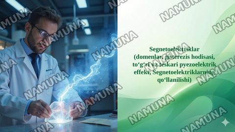 Segnetoelektriklar
(domenlar, gisterezis hodisasi, to‘g‘ri va teskari pyezoelektrik effekt, Segnetoelektriklarning qo‘llanilishi) — taqdimot