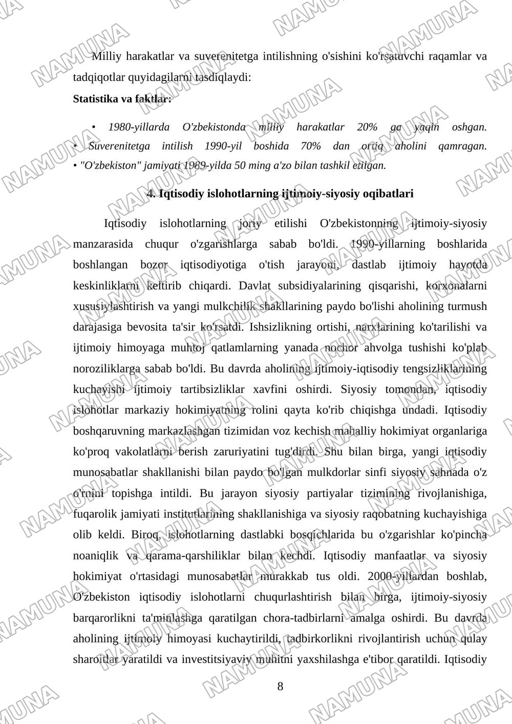 Qayta qurish yillarda ijtimoiy va siyosiy vaziyat — referat, 8-varaq