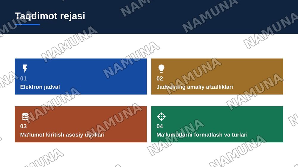Elektron jadval tushunchasi. Ma’lumotlarni elektron jadvalga kiritish — zamonaviy taqdimot, 2-slayd