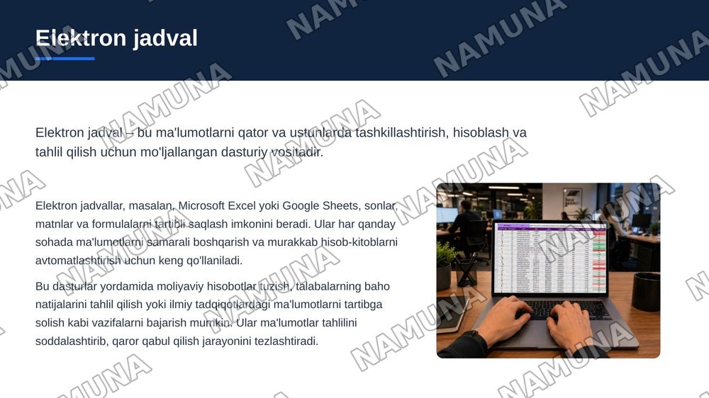 Elektron jadval tushunchasi. Ma’lumotlarni elektron jadvalga kiritish — zamonaviy taqdimot, 3-slayd