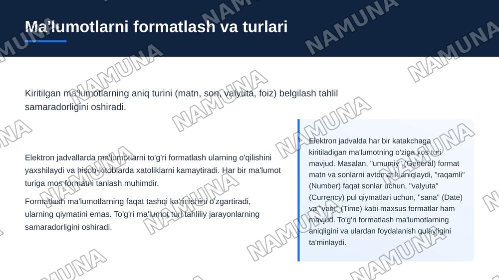 Elektron jadval tushunchasi. Ma’lumotlarni elektron jadvalga kiritish — zamonaviy taqdimot, 6-slayd
