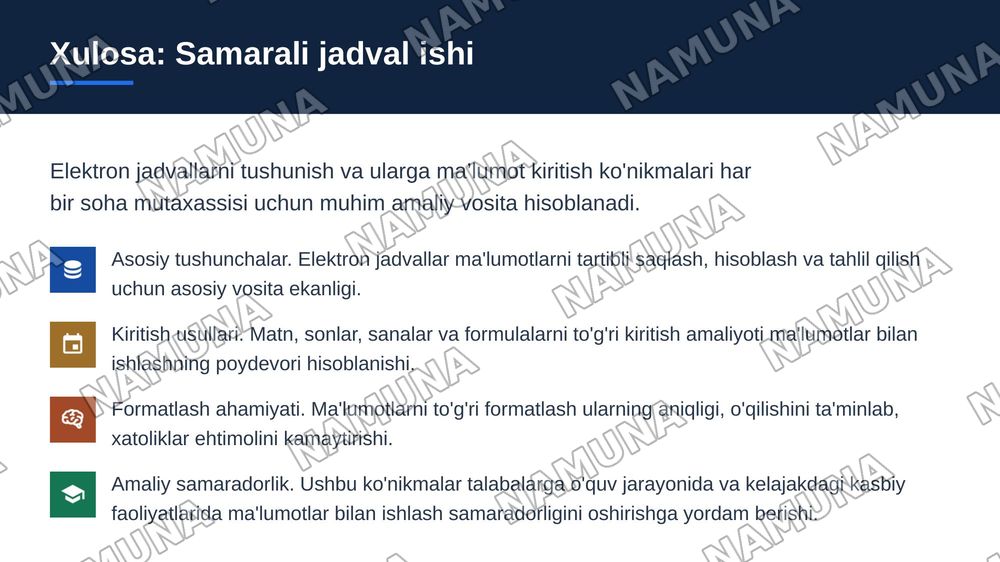 Elektron jadval tushunchasi. Ma’lumotlarni elektron jadvalga kiritish — zamonaviy taqdimot, 7-slayd