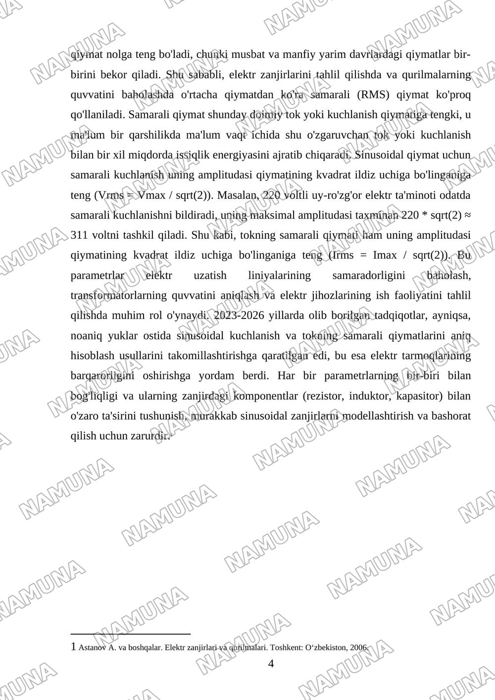 Sinusoidal tok chiziqli elektir zanjir tok va kuchlanishlarning xar xil qiymatlarini xisoblash — mustaqil ish, 4-varaq