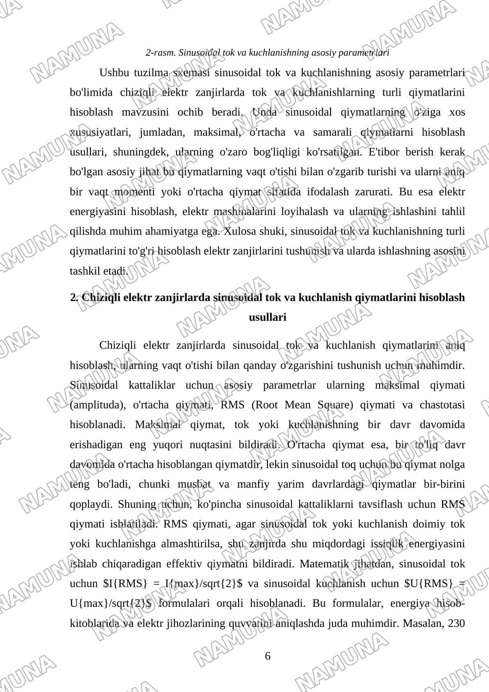 Sinusoidal tok chiziqli elektir zanjir tok va kuchlanishlarning xar xil qiymatlarini xisoblash — mustaqil ish, 6-varaq