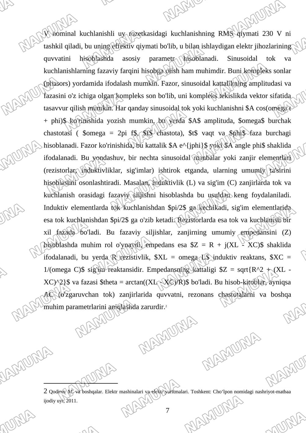 Sinusoidal tok chiziqli elektir zanjir tok va kuchlanishlarning xar xil qiymatlarini xisoblash — mustaqil ish, 7-varaq