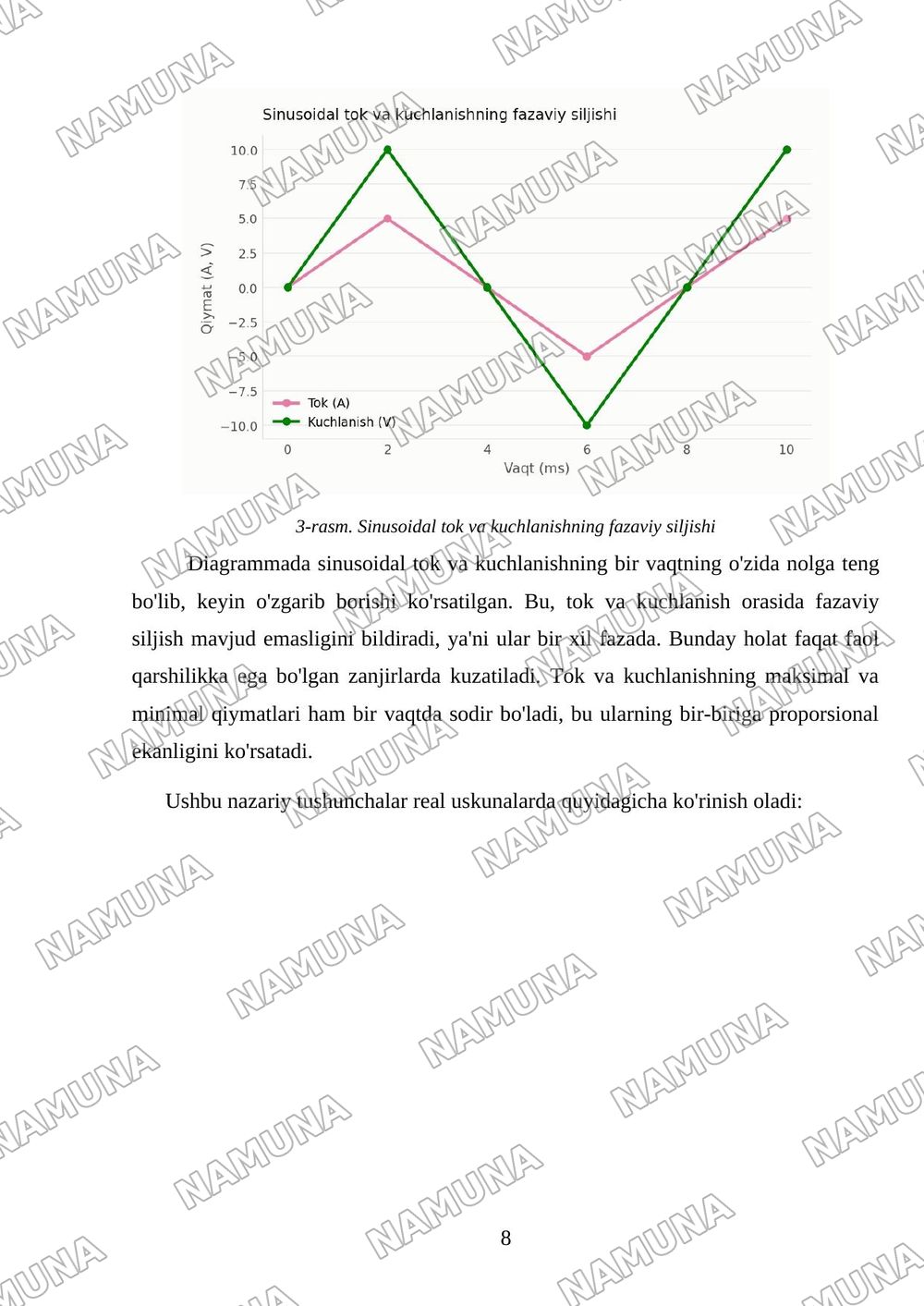 Sinusoidal tok chiziqli elektir zanjir tok va kuchlanishlarning xar xil qiymatlarini xisoblash — mustaqil ish, 8-varaq
