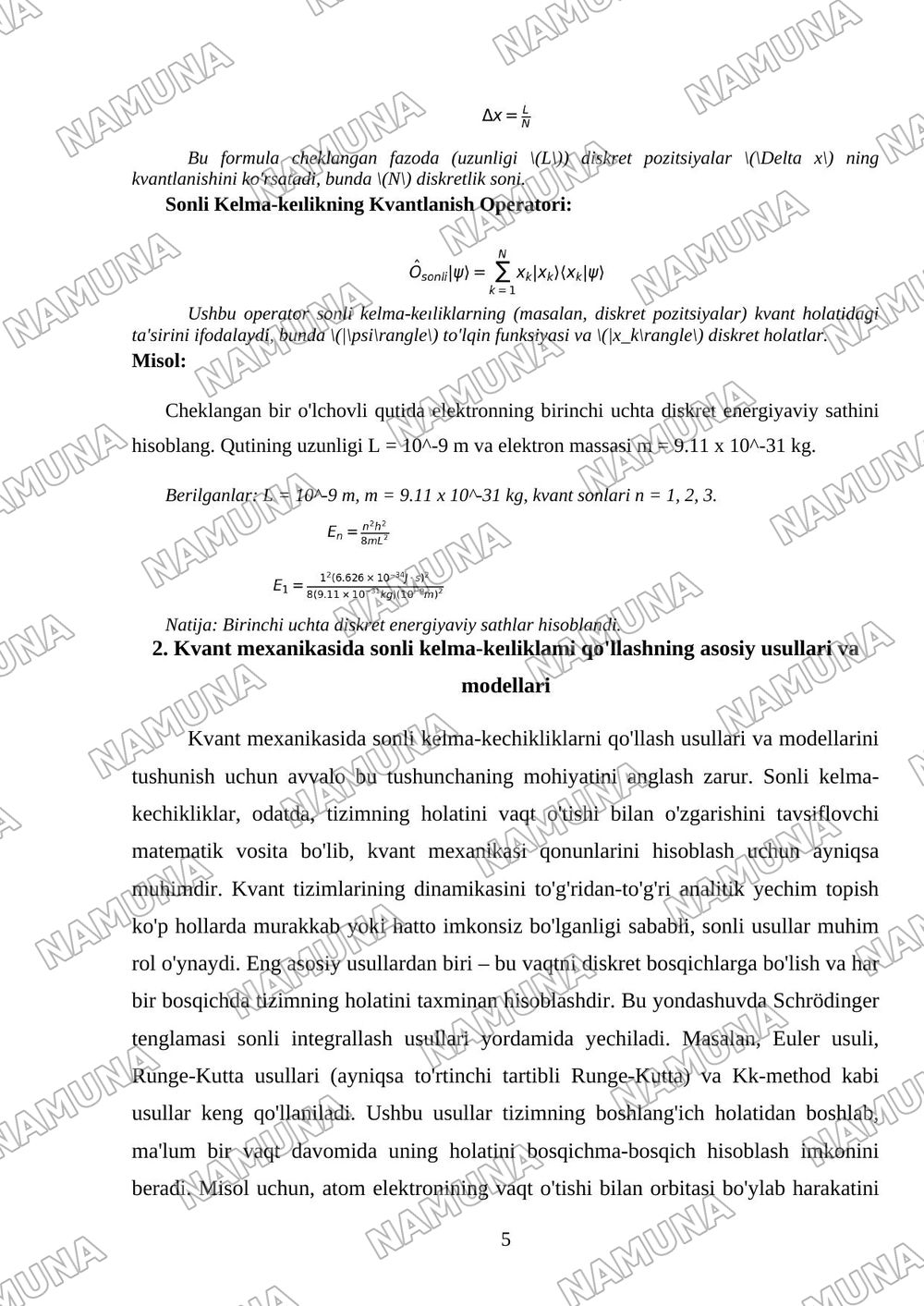 Sonli kelma-keıliklami kvant mexanikasidagi tatbiqlari — referat, 5-varaq