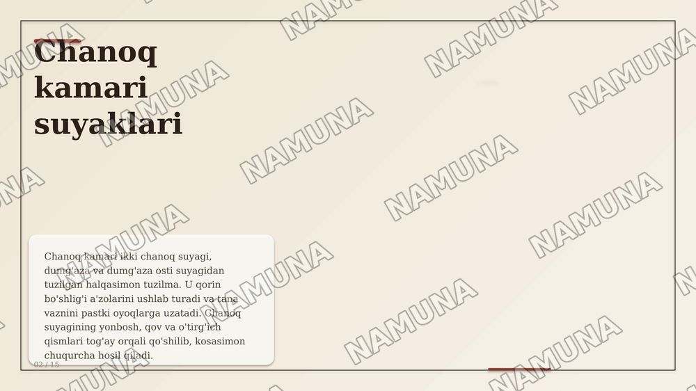 Chanoq kamari suyaklarining birlashuvi. Chanoq-son boʻgʻimi. Tizza boʻg'imi.
Boldir suyaklarining oʻzaro birlashuvi va oyoq panjasi boʻgʻimlari. — zamonaviy taqdimot, 2-slayd