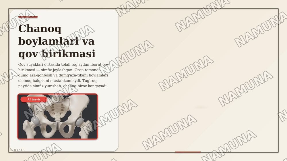 Chanoq kamari suyaklarining birlashuvi. Chanoq-son boʻgʻimi. Tizza boʻg'imi.
Boldir suyaklarining oʻzaro birlashuvi va oyoq panjasi boʻgʻimlari. — zamonaviy taqdimot, 4-slayd