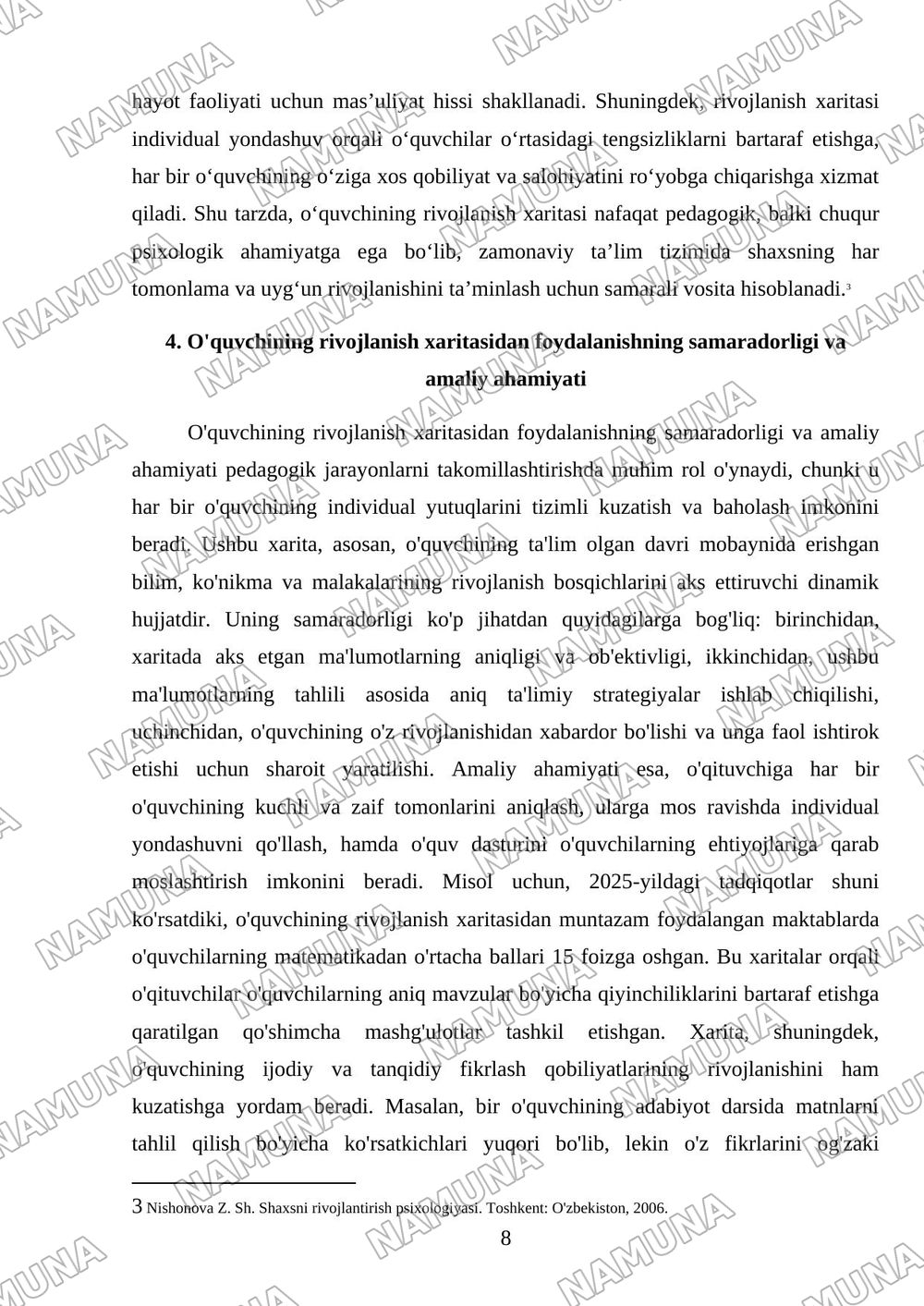 O'quvchining rivojlanish xaritasi mazmuni mohiyati va qo'llash tartibi — mustaqil ish, 8-varaq