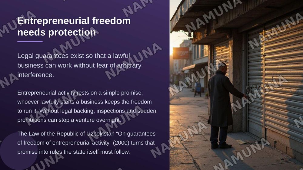 Lecture: Introduction to Business Law. Business Legal Relations and Their Types
Business Law [Textbook] /
M. Tadjibaeva, A. Tolibov.
- Tashkent: TSUL
Publishing, 2025. - pp.
10-30.
Topic name: Review Articles
1-3 of the Law of the
Republic of Uzbekistan “On Guarantees of Freedom of Entrepreneurial A — zamonaviy taqdimot, 3-slayd