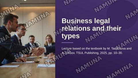 Lecture: Introduction to Business Law. Business Legal Relations and Their Types
Business Law [Textbook] /
M. Tadjibaeva, A. Tolibov.
- Tashkent: TSUL
Publishing, 2025. - pp.
10-30.
Topic name: Review Articles
1-3 of the Law of the
Republic of Uzbekistan “On Guarantees of Freedom of Entrepreneurial A — zamonaviy taqdimot
