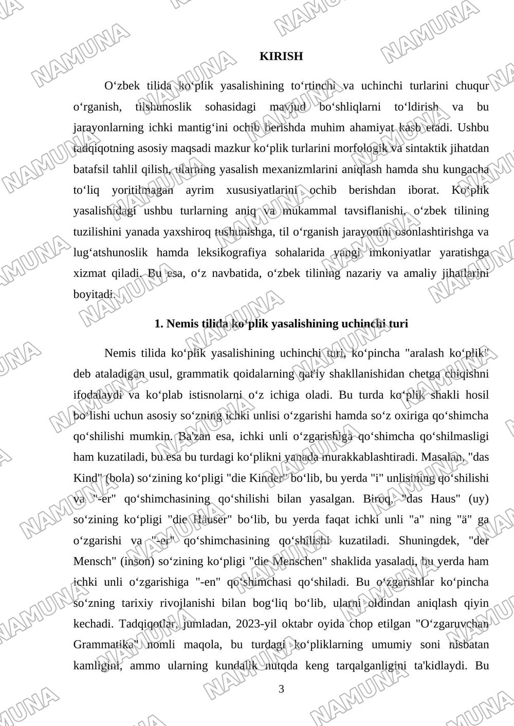 Der 3. Typ der Pluralbildung - Koʻplik yasalishining uchinchi turi Der 4. Typ der Pluralbildung - Koʻplik yasalishining toʻrtinchi turi Die besondere Falle der Pluralbildung - Koʻplik yasalishining ma — mustaqil ish, 3-varaq