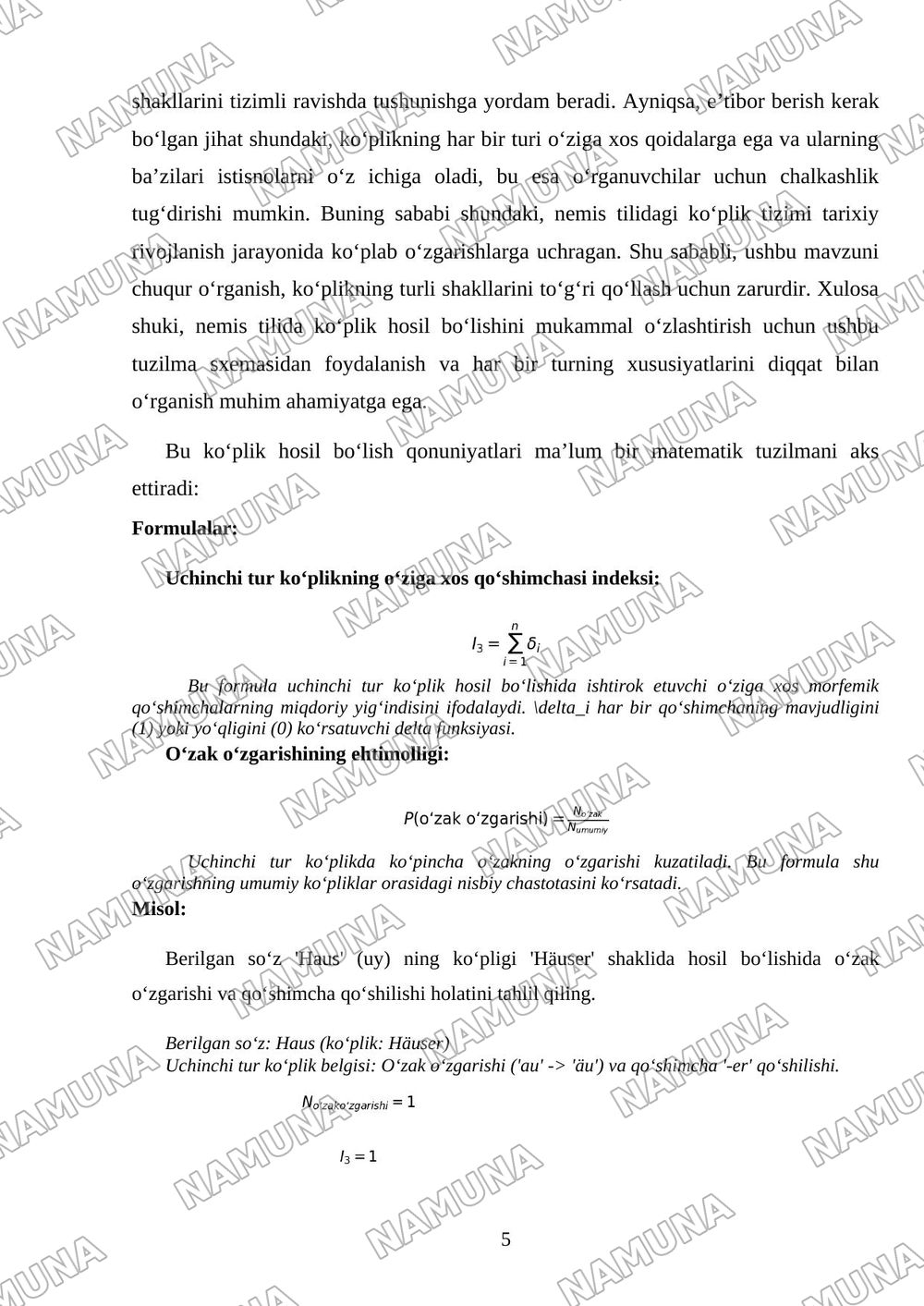 Der 3. Typ der Pluralbildung - Koʻplik yasalishining uchinchi turi Der 4. Typ der Pluralbildung - Koʻplik yasalishining toʻrtinchi turi Die besondere Falle der Pluralbildung - Koʻplik yasalishining ma — mustaqil ish, 5-varaq