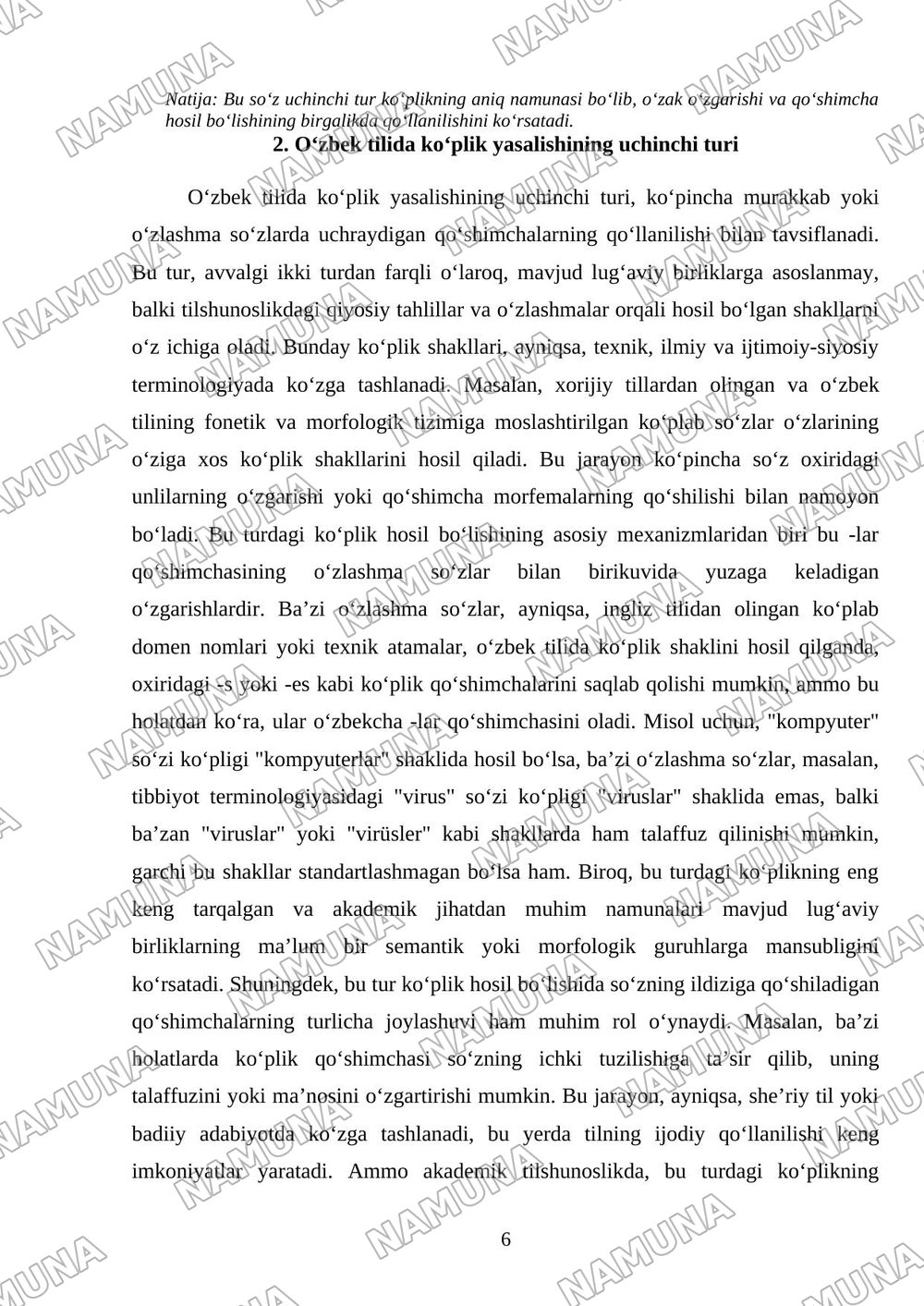 Der 3. Typ der Pluralbildung - Koʻplik yasalishining uchinchi turi Der 4. Typ der Pluralbildung - Koʻplik yasalishining toʻrtinchi turi Die besondere Falle der Pluralbildung - Koʻplik yasalishining ma — mustaqil ish, 6-varaq