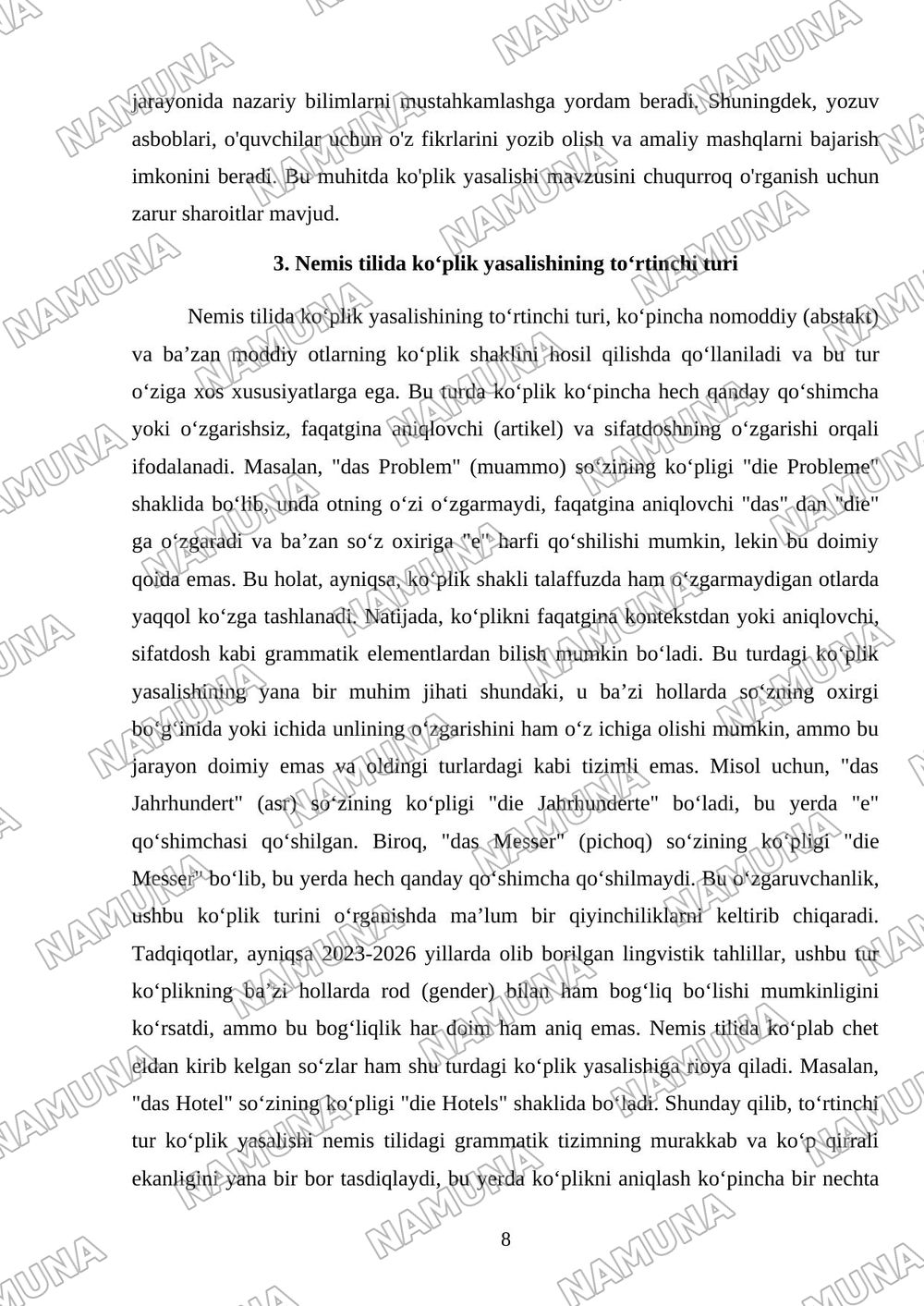 Der 3. Typ der Pluralbildung - Koʻplik yasalishining uchinchi turi Der 4. Typ der Pluralbildung - Koʻplik yasalishining toʻrtinchi turi Die besondere Falle der Pluralbildung - Koʻplik yasalishining ma — mustaqil ish, 8-varaq