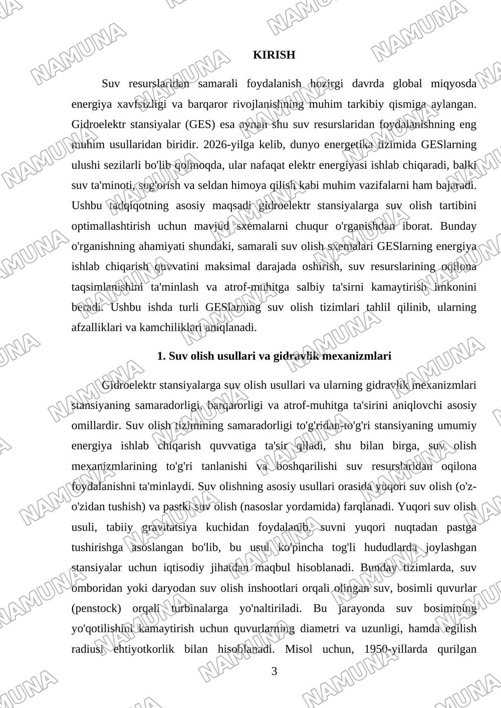 Gidroelektr stansiyalarga suv olish tartibi bo'yicha sxemalarni o'rganish. — mustaqil ish, 3-varaq