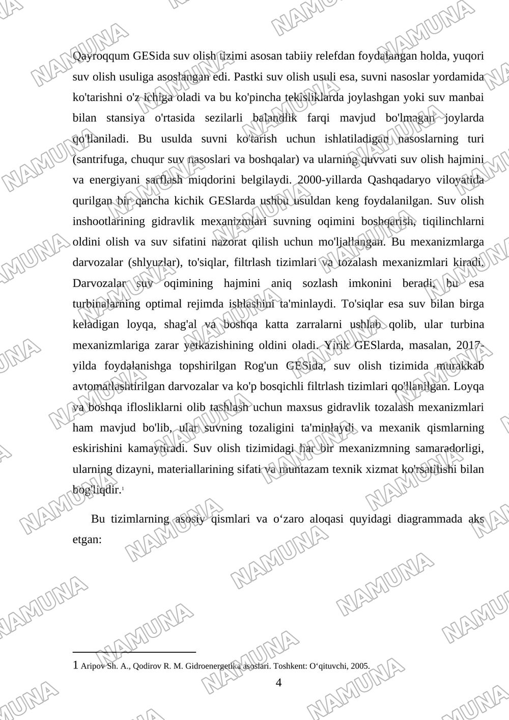 Gidroelektr stansiyalarga suv olish tartibi bo'yicha sxemalarni o'rganish. — mustaqil ish, 4-varaq