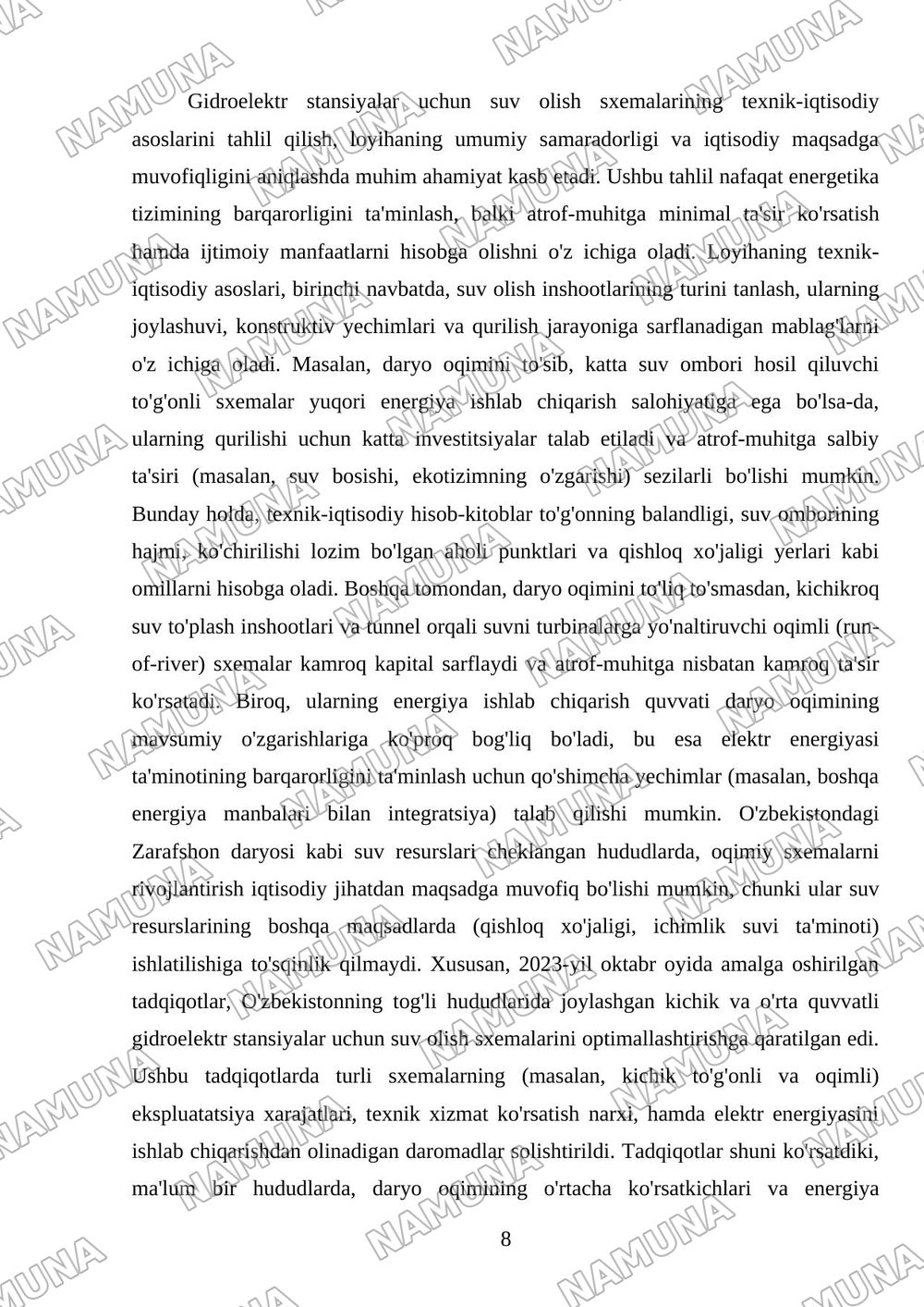 Gidroelektr stansiyalarga suv olish tartibi bo'yicha sxemalarni o'rganish. — mustaqil ish, 8-varaq