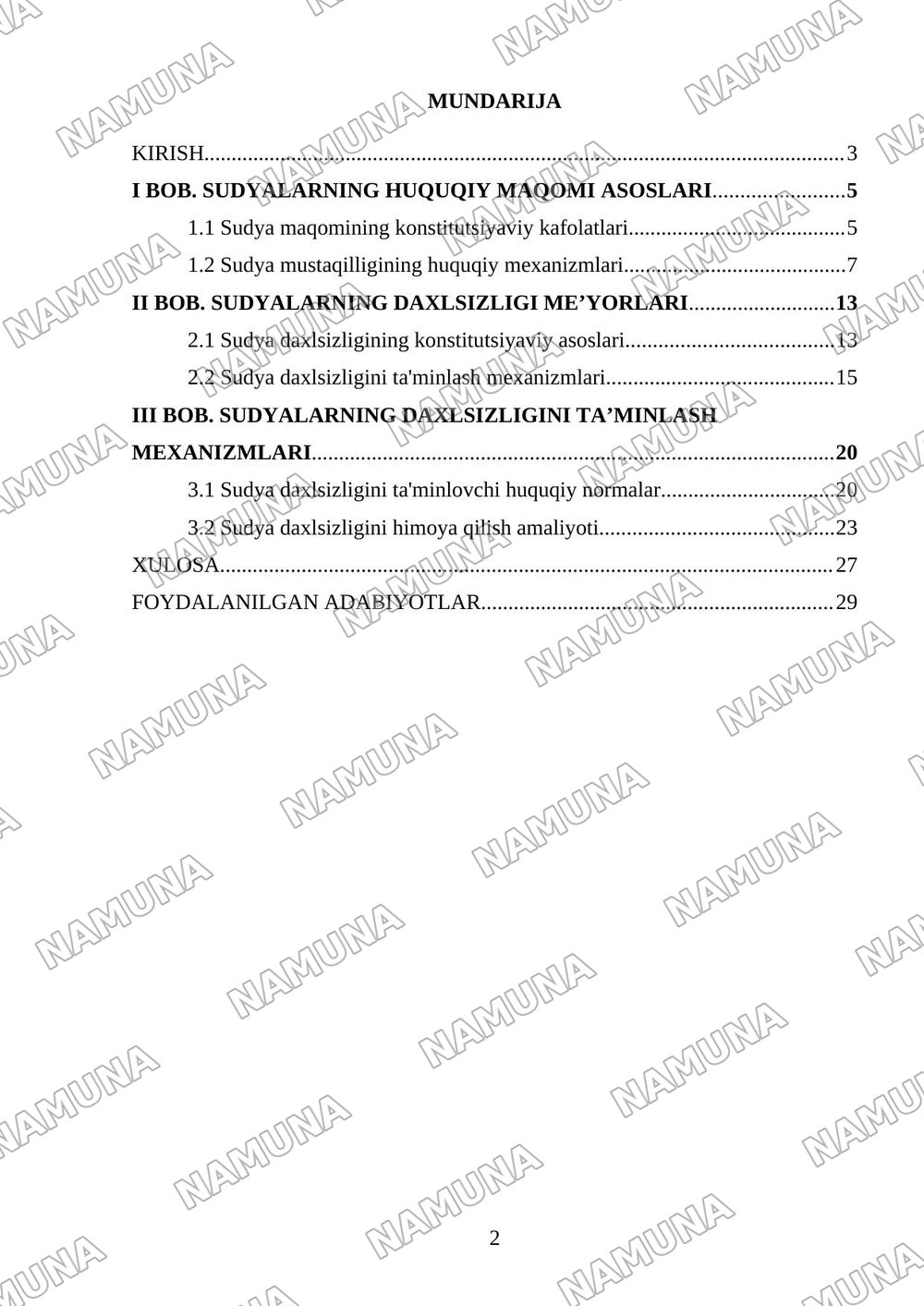 Sudyalarning huquqiy maqomi va daxlsizligi — kurs ishi, 2-varaq