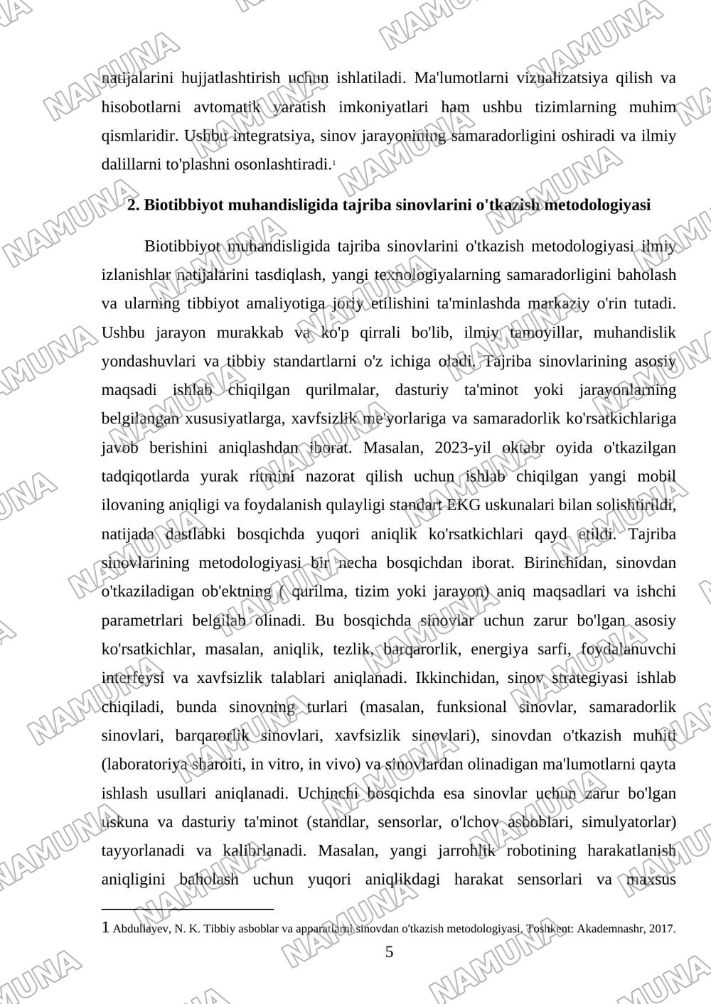 Biotibbiyotda muhandisligida. Tajriba va stendlarda sinovlar otkazish — mustaqil ish, 5-varaq