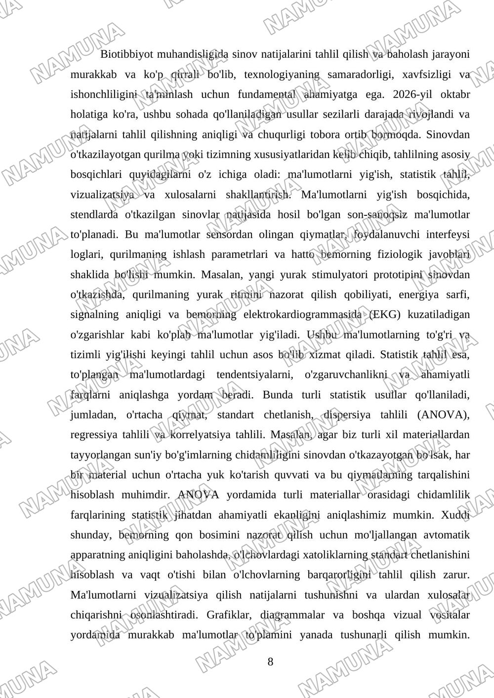 Biotibbiyotda muhandisligida. Tajriba va stendlarda sinovlar otkazish — mustaqil ish, 8-varaq
