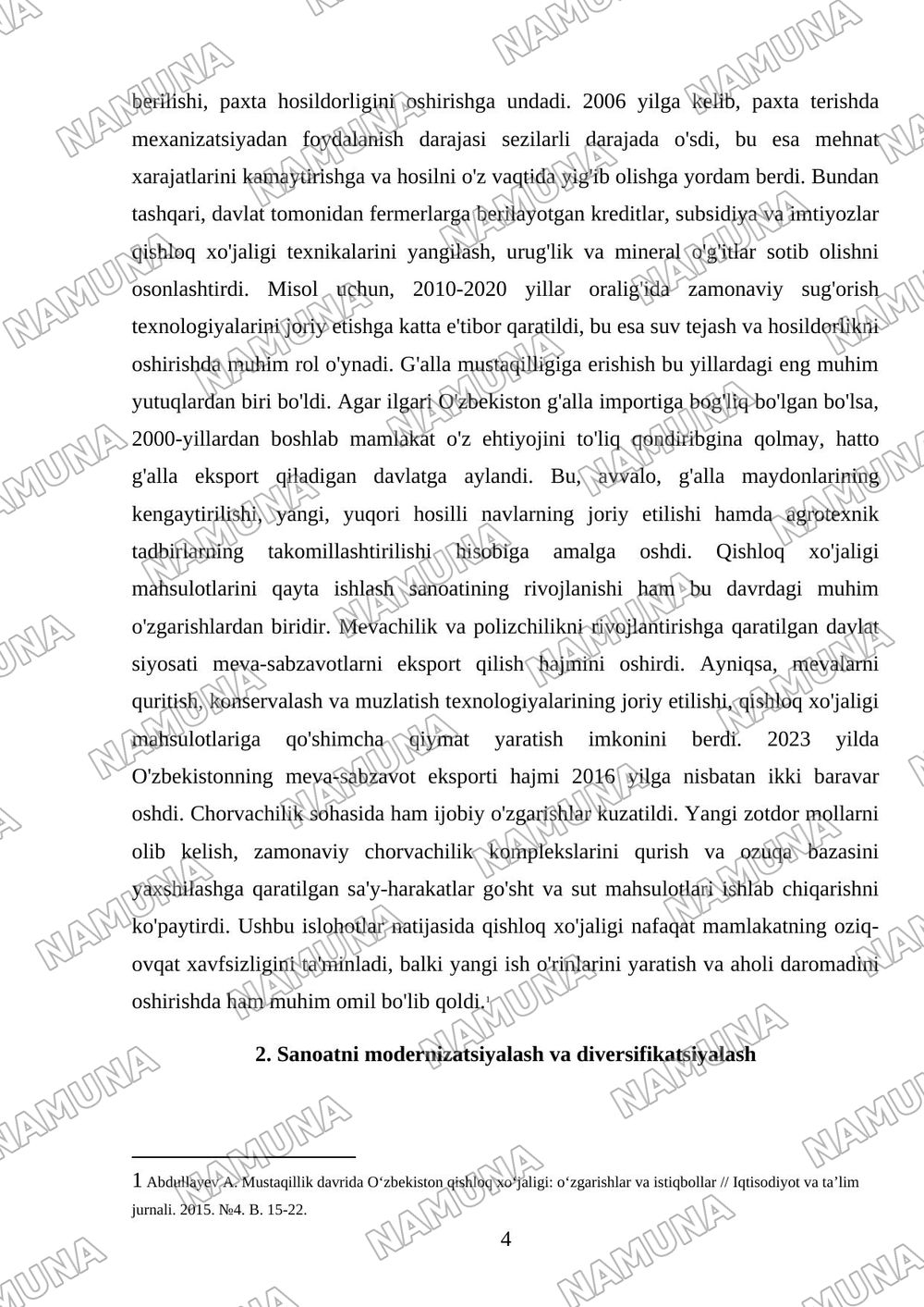 mustaqillik yillarida qishloq xojaligi va sanoat sohasidagi ozgarishlar — referat, 4-varaq