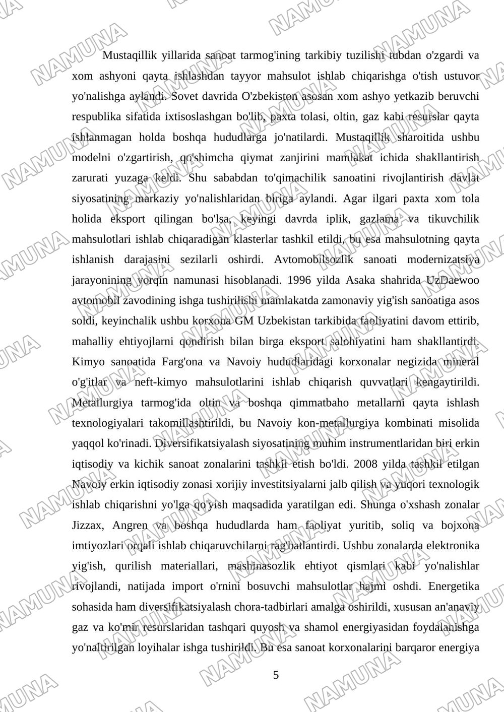 mustaqillik yillarida qishloq xojaligi va sanoat sohasidagi ozgarishlar — referat, 5-varaq