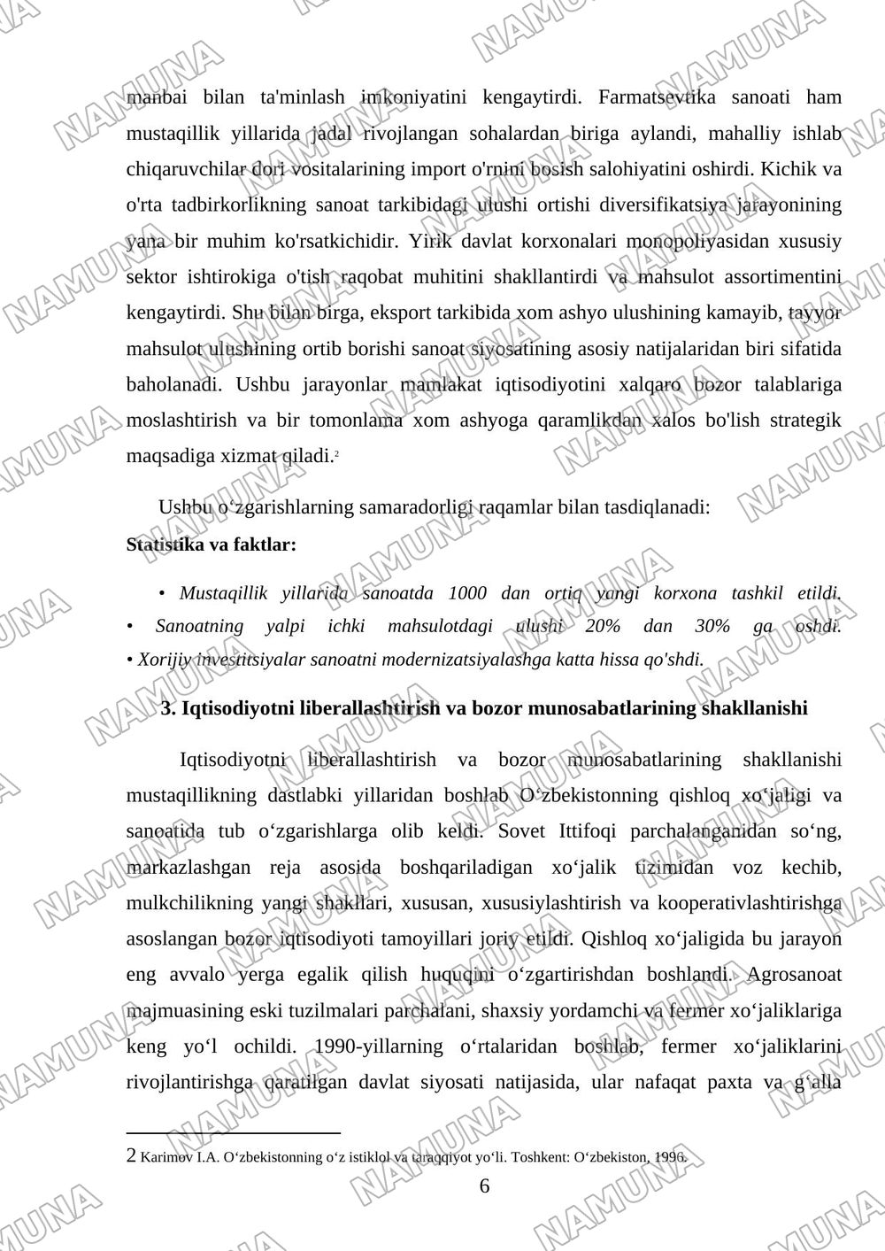 mustaqillik yillarida qishloq xojaligi va sanoat sohasidagi ozgarishlar — referat, 6-varaq