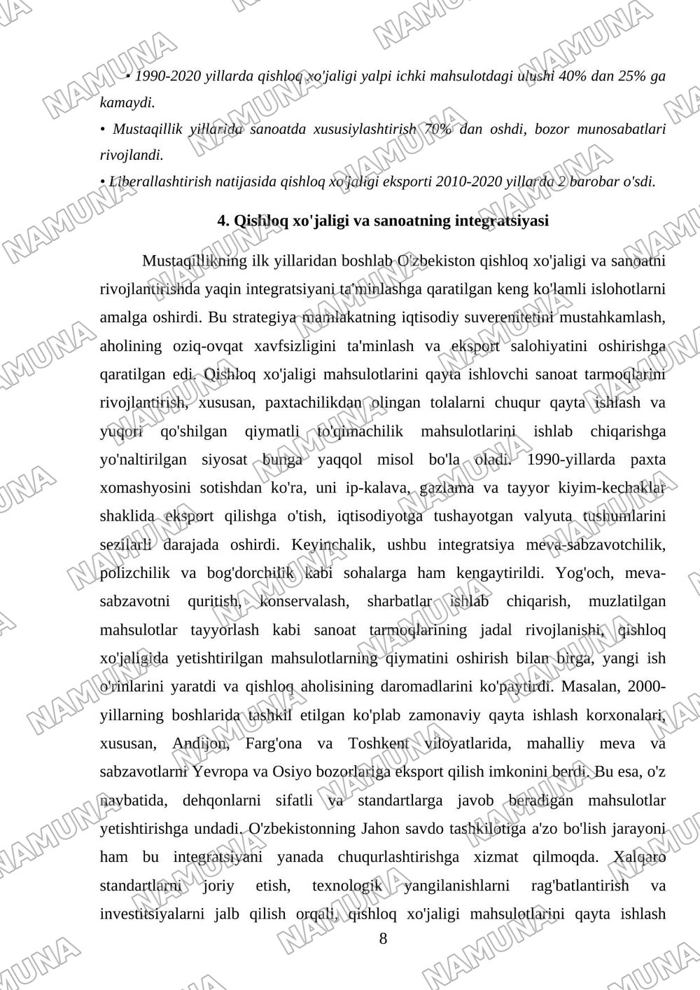 mustaqillik yillarida qishloq xojaligi va sanoat sohasidagi ozgarishlar — referat, 8-varaq