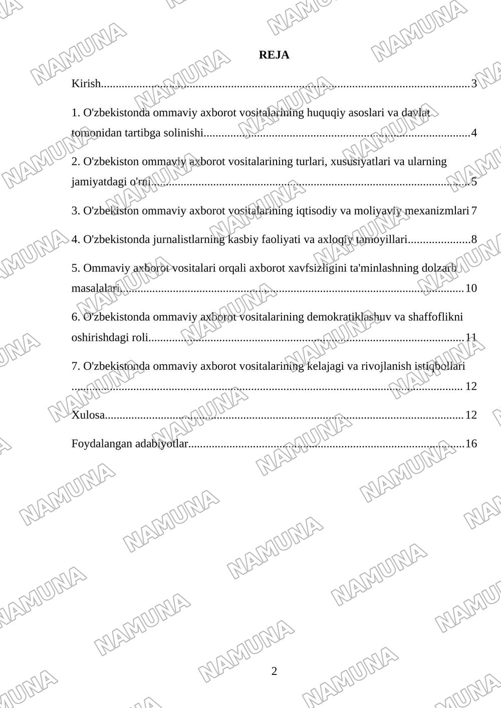 O'zbekiston respublikasida ommaviy axborot vositalarining faoliyati — mustaqil ish, 2-varaq