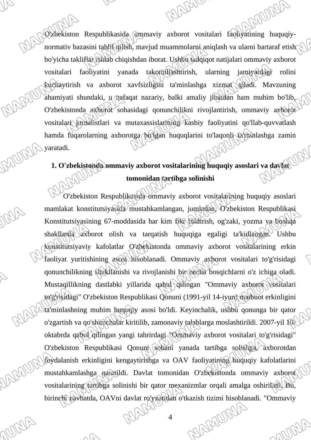 O'zbekiston respublikasida ommaviy axborot vositalarining faoliyati — mustaqil ish, 4-varaq