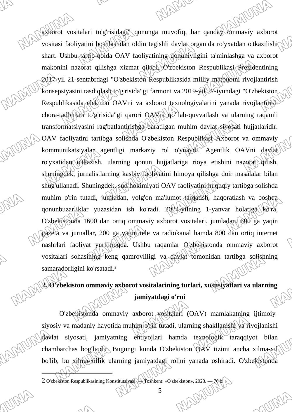 O'zbekiston respublikasida ommaviy axborot vositalarining faoliyati — mustaqil ish, 5-varaq