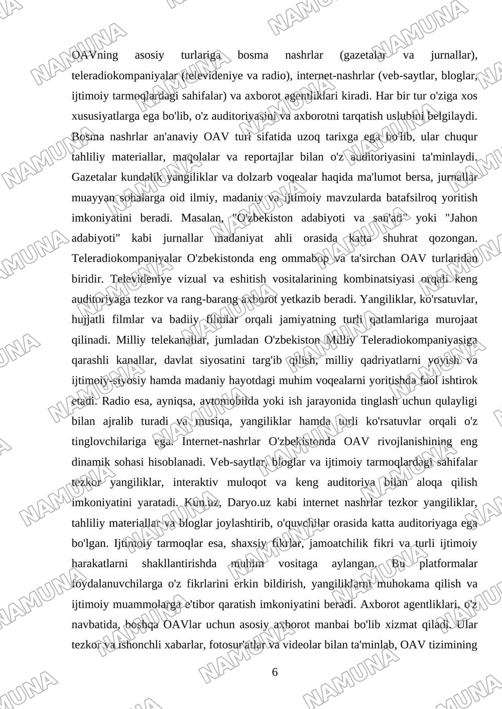 O'zbekiston respublikasida ommaviy axborot vositalarining faoliyati — mustaqil ish, 6-varaq