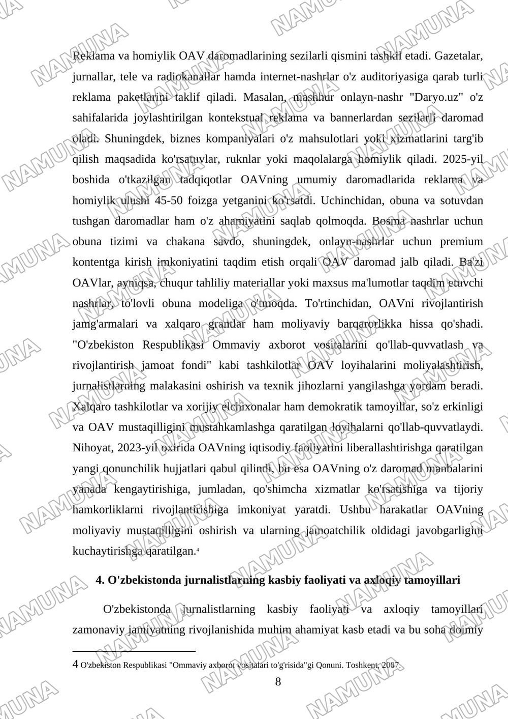 O'zbekiston respublikasida ommaviy axborot vositalarining faoliyati — mustaqil ish, 8-varaq