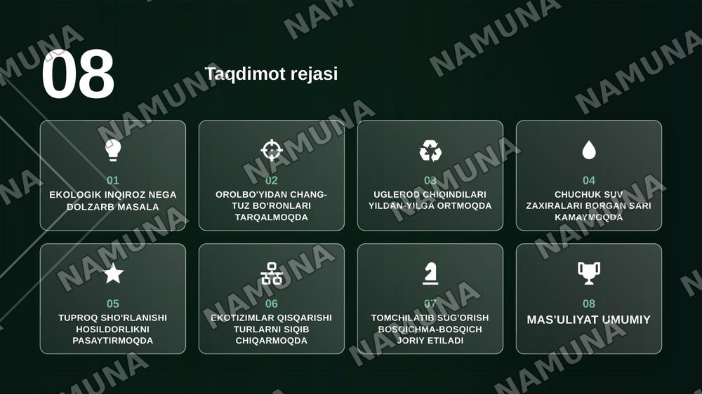 O’zbekiston sharoitidagi ekologik ahvol muomolar va yechimlari — zamonaviy taqdimot, 2-slayd