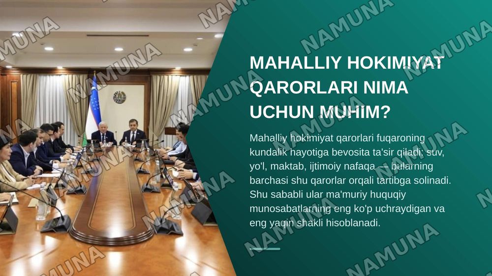 Ma'muriy huuqiy munosabatlarni tartibga solishda mahalliy davlat hokimiyati organlari qarorlarining oʻrni — zamonaviy taqdimot, 3-slayd
