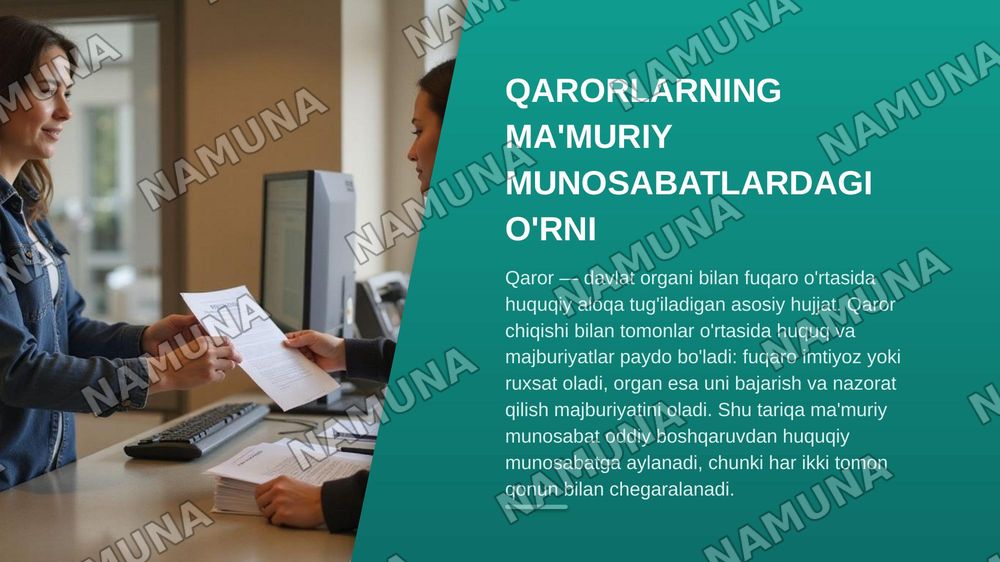 Ma'muriy huuqiy munosabatlarni tartibga solishda mahalliy davlat hokimiyati organlari qarorlarining oʻrni — zamonaviy taqdimot, 8-slayd