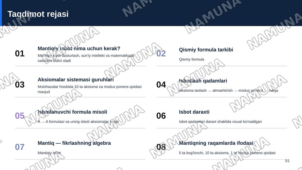 Mantiqiy bog'lovchilar, qismiy formula, isbotlanuvchi formula tushunchalarni o'rganib, mulohazalar hisobining aksiomalari sistemasi asosida bir nechta formulani isbotlash va taqdimot tayyorlash — zamonaviy taqdimot, 2-slayd