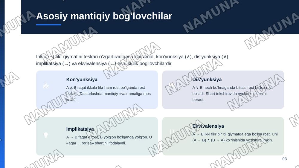 Mantiqiy bog'lovchilar, qismiy formula, isbotlanuvchi formula tushunchalarni o'rganib, mulohazalar hisobining aksiomalari sistemasi asosida bir nechta formulani isbotlash va taqdimot tayyorlash — zamonaviy taqdimot, 4-slayd