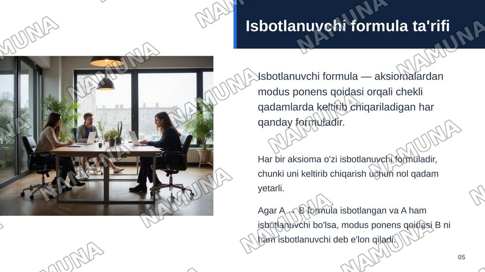 Mantiqiy bog'lovchilar, qismiy formula, isbotlanuvchi formula tushunchalarni o'rganib, mulohazalar hisobining aksiomalari sistemasi asosida bir nechta formulani isbotlash va taqdimot tayyorlash — zamonaviy taqdimot, 6-slayd