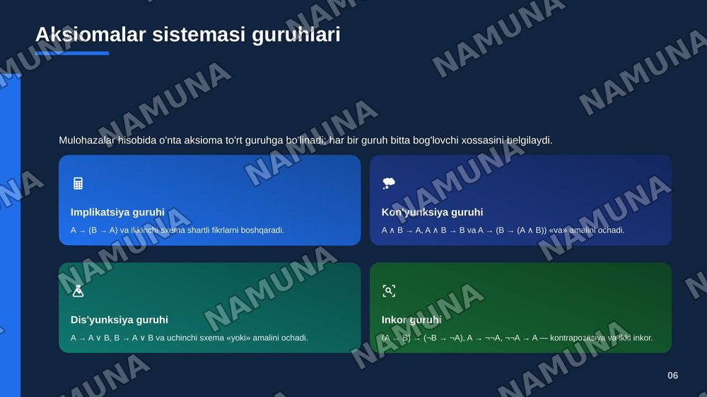 Mantiqiy bog'lovchilar, qismiy formula, isbotlanuvchi formula tushunchalarni o'rganib, mulohazalar hisobining aksiomalari sistemasi asosida bir nechta formulani isbotlash va taqdimot tayyorlash — zamonaviy taqdimot, 7-slayd
