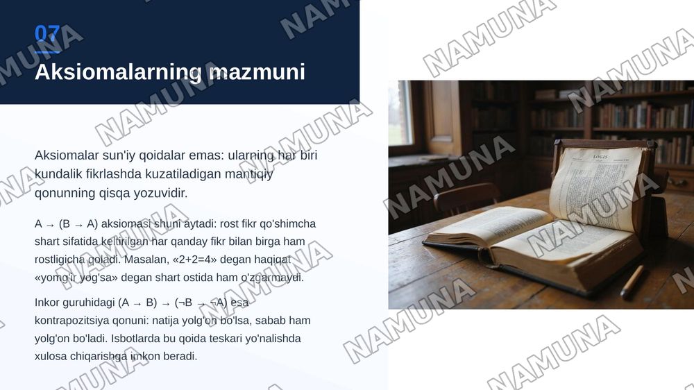 Mantiqiy bog'lovchilar, qismiy formula, isbotlanuvchi formula tushunchalarni o'rganib, mulohazalar hisobining aksiomalari sistemasi asosida bir nechta formulani isbotlash va taqdimot tayyorlash — zamonaviy taqdimot, 8-slayd