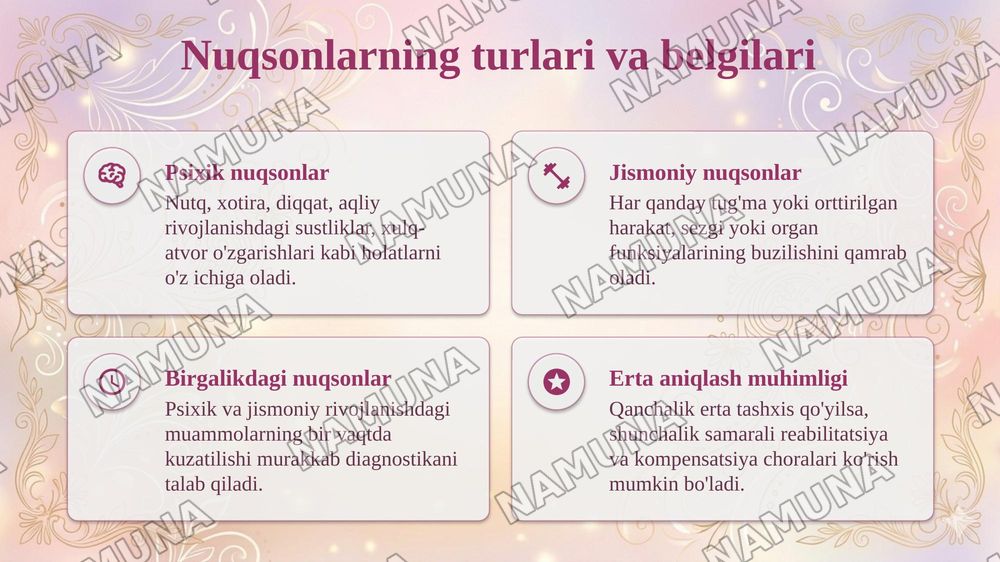 Rivojlanishida psixik va jismoniy nugsoni bolgan bolalar diagnostikasi. — taqdimot, 4-slayd