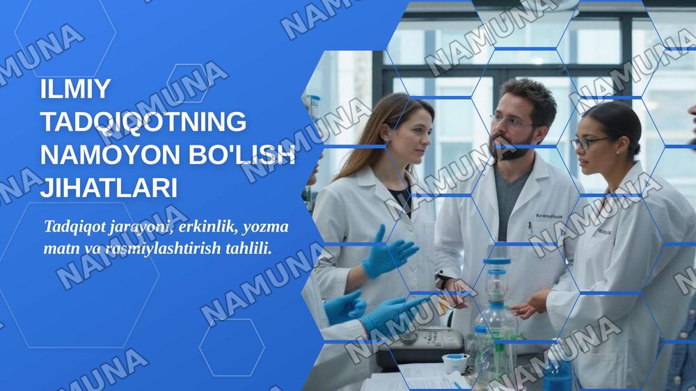 Mavzu:Ilmiy tadqiqotning namoyon bòlish jihatlari
Reja:
1.Ilmiy tadqiqot tushunchasi va uni amalga oshirish bosqichlari
2.Ilmiy tadqiqot namoyon bòlishining asosiy jihatlari:erkinlik,yozma matn va uning ogʻzaki matndan farqi.
3.Ilmiy tadqiqotni ilmiy ish sifatida rasmiylashtirish metodikasi
Shu — zamonaviy taqdimot, 1-slayd