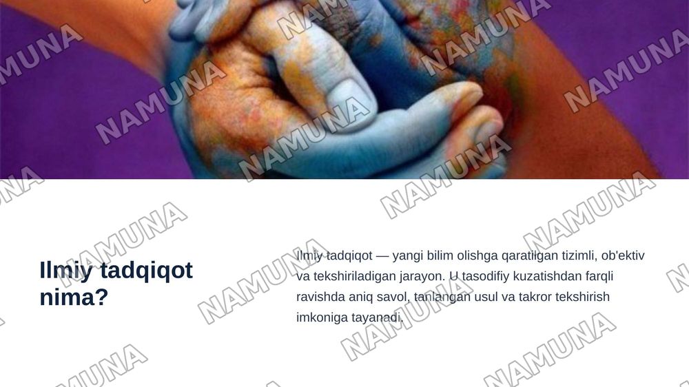 Mavzu:Ilmiy tadqiqotning namoyon bòlish jihatlari
Reja:
1.Ilmiy tadqiqot tushunchasi va uni amalga oshirish bosqichlari
2.Ilmiy tadqiqot namoyon bòlishining asosiy jihatlari:erkinlik,yozma matn va uning ogʻzaki matndan farqi.
3.Ilmiy tadqiqotni ilmiy ish sifatida rasmiylashtirish metodikasi
Shu — zamonaviy taqdimot, 3-slayd