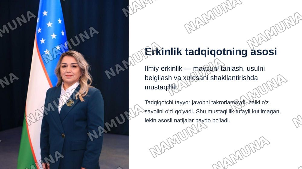 Mavzu:Ilmiy tadqiqotning namoyon bòlish jihatlari
Reja:
1.Ilmiy tadqiqot tushunchasi va uni amalga oshirish bosqichlari
2.Ilmiy tadqiqot namoyon bòlishining asosiy jihatlari:erkinlik,yozma matn va uning ogʻzaki matndan farqi.
3.Ilmiy tadqiqotni ilmiy ish sifatida rasmiylashtirish metodikasi
Shu — zamonaviy taqdimot, 5-slayd