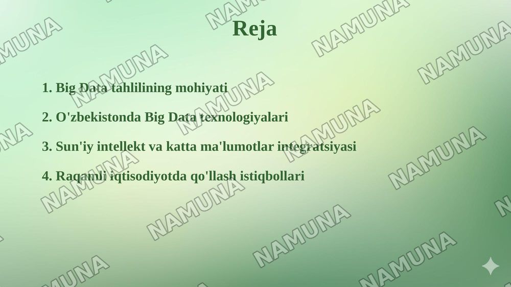 Raqamli iqtisodiyot sharoitida sun’iy intellekt va katta ma’lumotlar (Big Data) tahlilining
iqtisodiy tarmoqlardagi o’rni (Ma’lumotlarni qayta ishlash texnologiyalari, Big Data va loT tizimlarini iqtisodiyotga tatbiq etish — taqdimot, 2-slayd