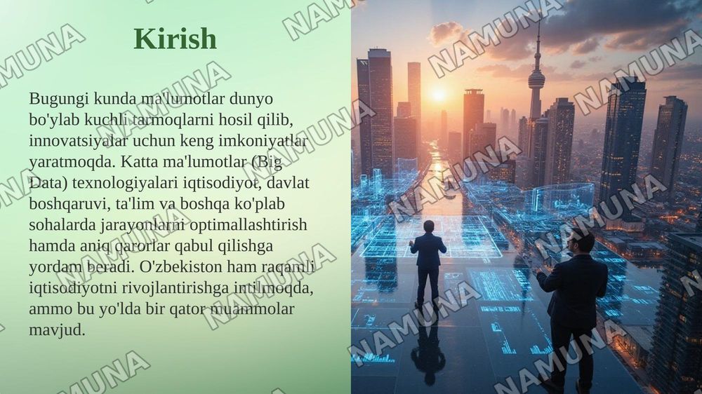 Raqamli iqtisodiyot sharoitida sun’iy intellekt va katta ma’lumotlar (Big Data) tahlilining
iqtisodiy tarmoqlardagi o’rni (Ma’lumotlarni qayta ishlash texnologiyalari, Big Data va loT tizimlarini iqtisodiyotga tatbiq etish — taqdimot, 3-slayd