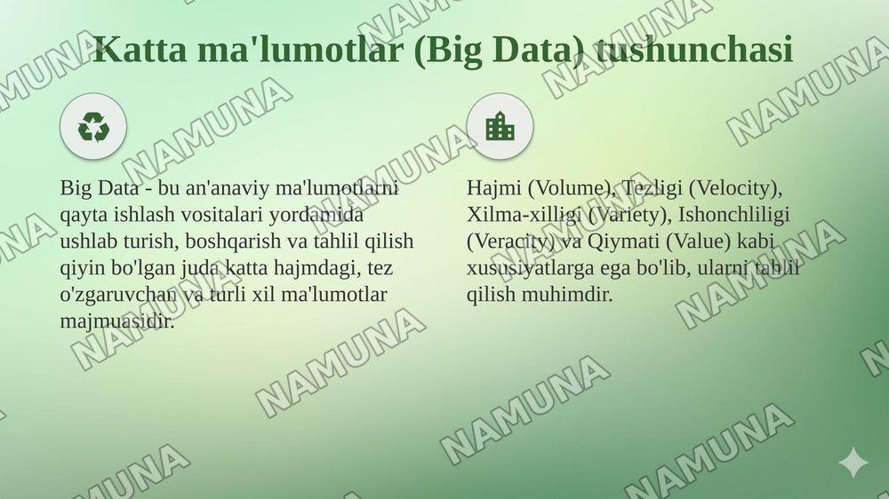 Raqamli iqtisodiyot sharoitida sun’iy intellekt va katta ma’lumotlar (Big Data) tahlilining
iqtisodiy tarmoqlardagi o’rni (Ma’lumotlarni qayta ishlash texnologiyalari, Big Data va loT tizimlarini iqtisodiyotga tatbiq etish — taqdimot, 4-slayd